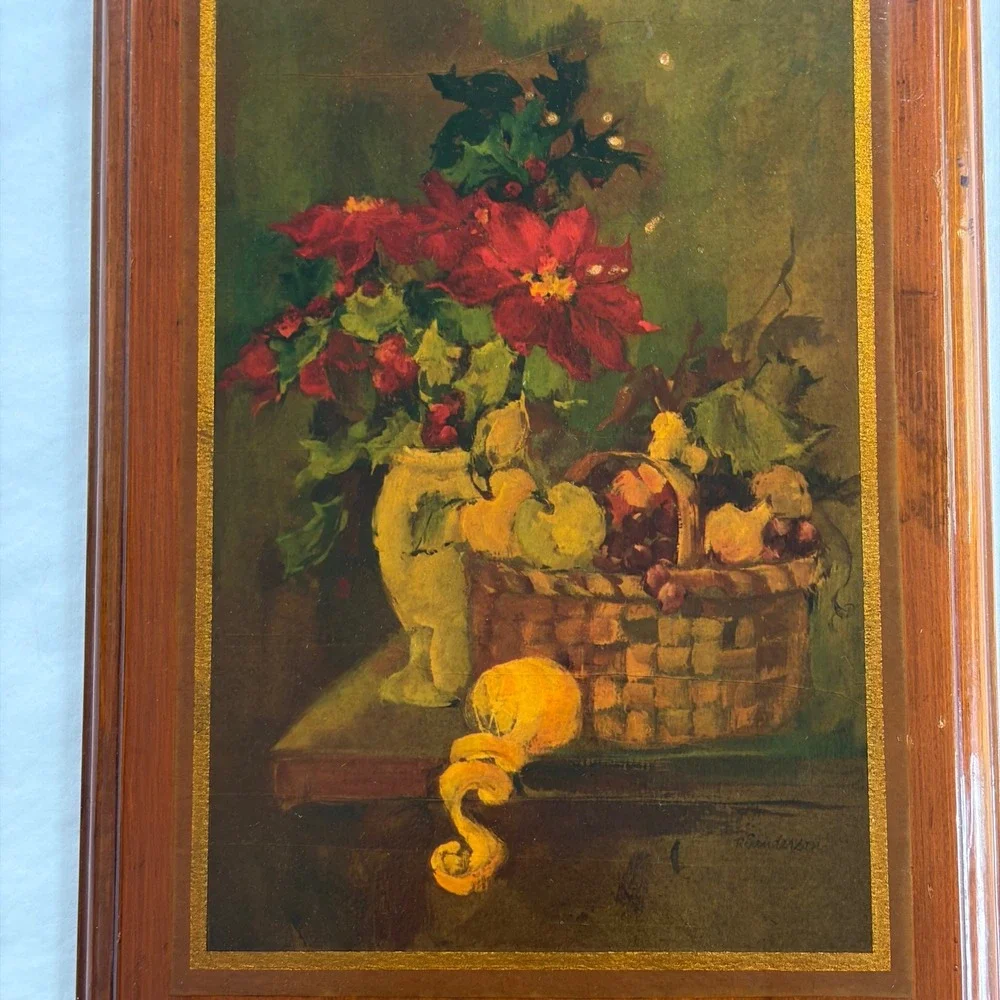 Vintage R Sanderson Still Life Poinsettia Fruit Wood Decoupage Wall Plaque